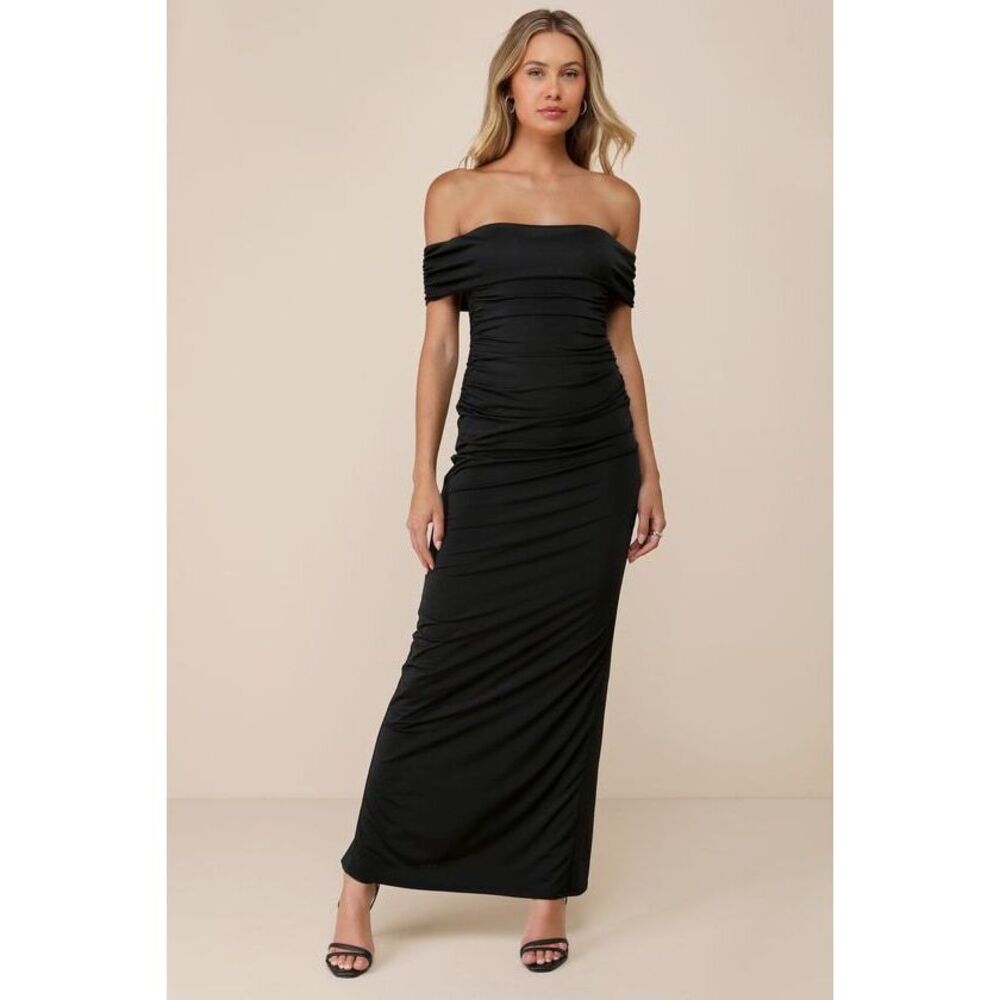 Lulus Brilliant Elegance Black Off-the-shoulder Backless Maxi Dress - Size L
